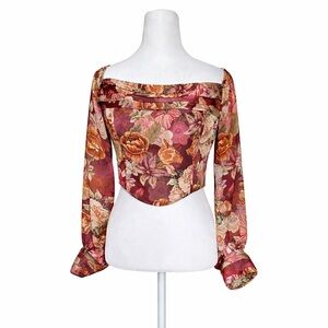 GUESS Floral Corset Top Size S Red Multi Ruched Off Shoulder Romantic Mesh